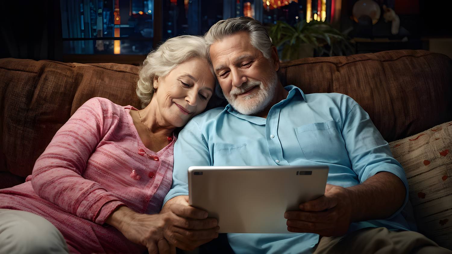 Un couple de retraités regardant une tablette, assis sur son canapé