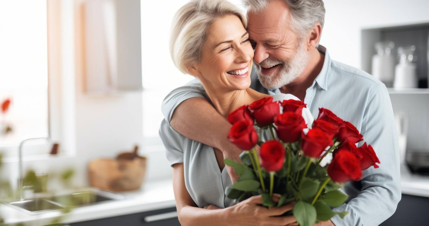 Un couple de retraités s'enlaçant dans une cuisine, un bouquet de roses à la main