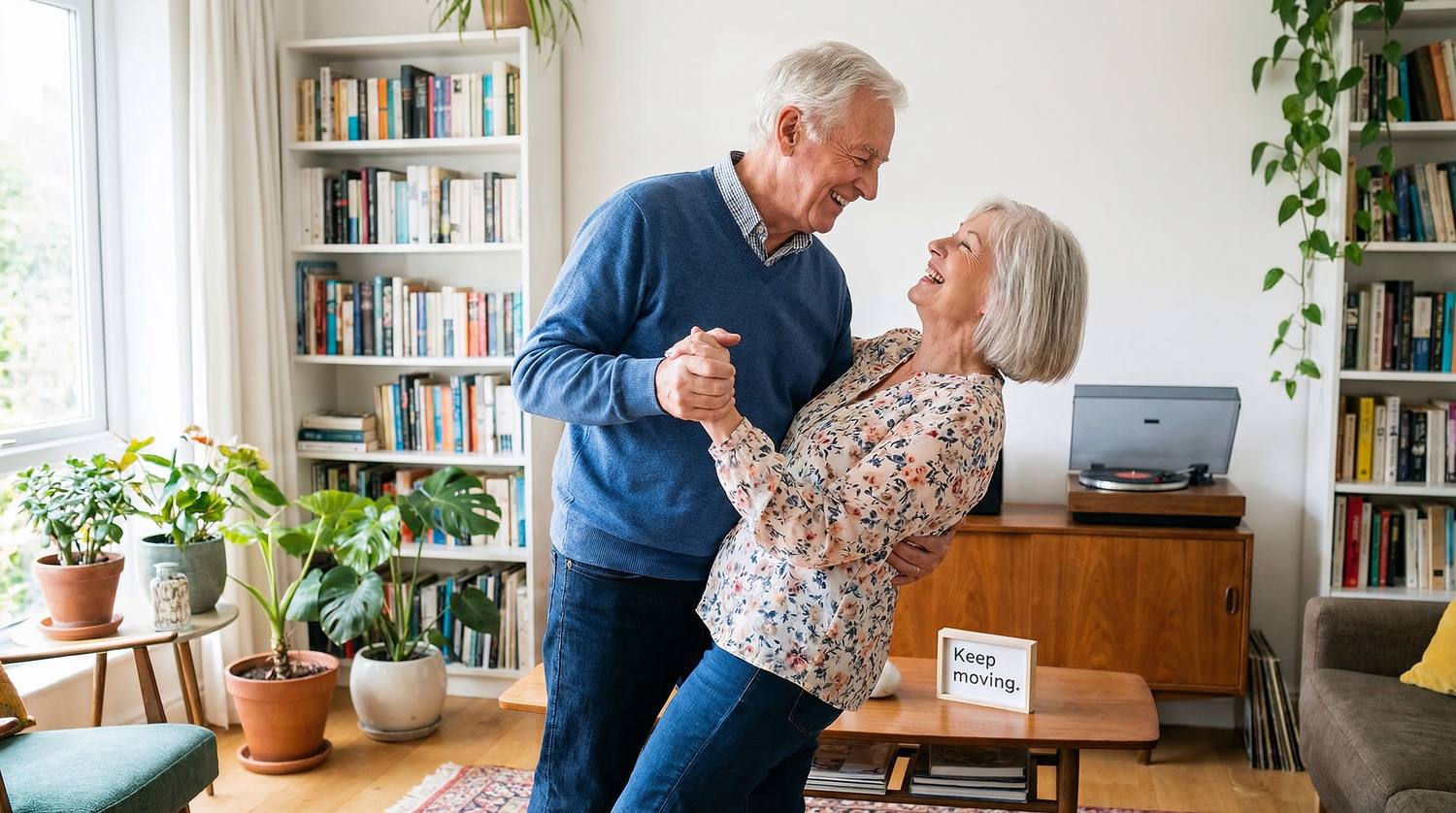 Un couple de retraités dansant dans son salon