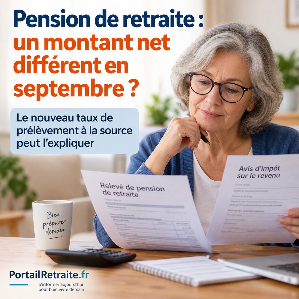Une retraitée compare son relevé de pension de retraite et son avis d'impôt sur le revenu. Texte : Pension de retraite, un montant net différent en septembre ? Le nouveau taux de prélèvement à la source peut l'expliquer.