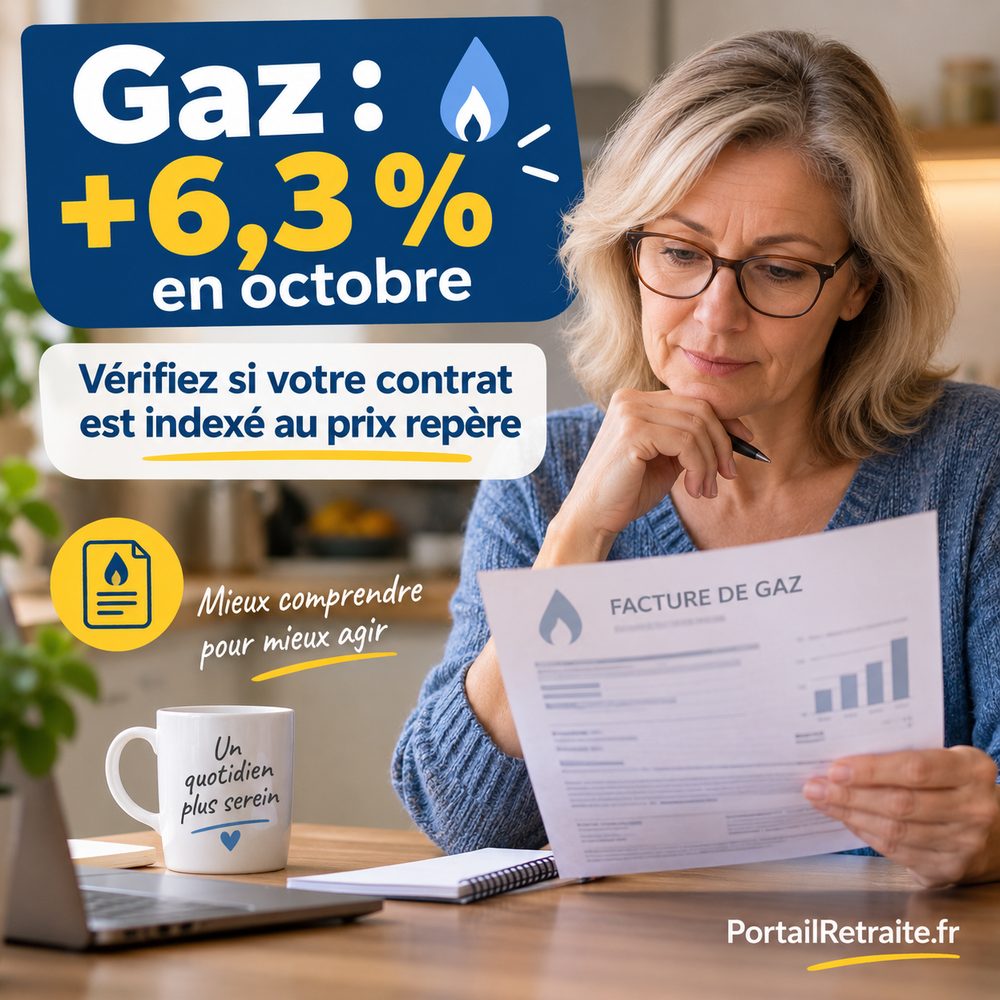 Une femme lit attentivement sa facture de gaz à la table de sa cuisine. Texte : Gaz, +6,3 % en octobre. Vérifiez si votre contrat est indexé au prix repère.